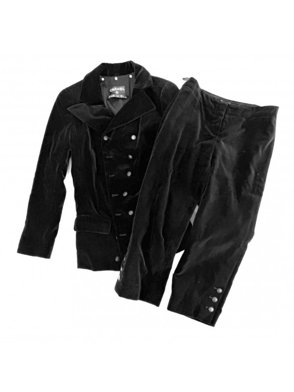 Chanel Set Velour Jacket Pants Vintage CC Logo 38 Black Cotton